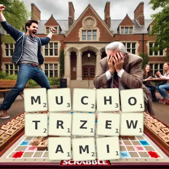 Kreatywna ilustracja do gry w Scrabble ze słowem MUCHOTRZEWAMI ułożonym z płytek na planszy.