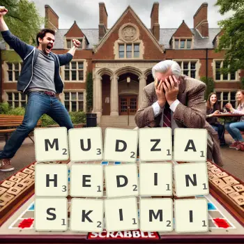 Kreatywna ilustracja do gry w Scrabble ze słowem MUDZAHEDINSKIMI ułożonym z płytek na planszy.