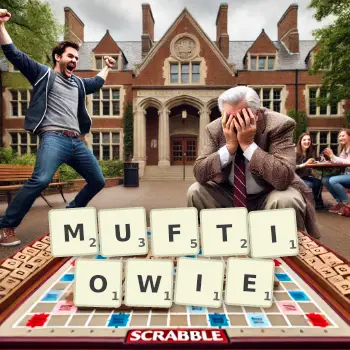 Kreatywna ilustracja do gry w Scrabble ze słowem MUFTIOWIE ułożonym z płytek na planszy.