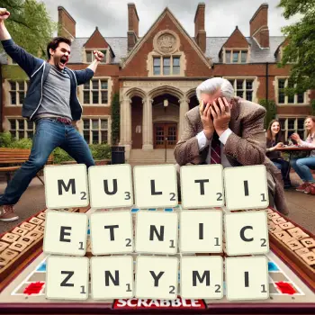 Kreatywna ilustracja do gry w Scrabble ze słowem MULTIETNICZNYMI ułożonym z płytek na planszy.