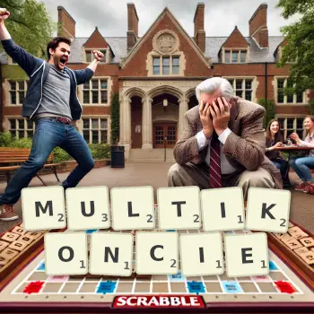 Kreatywna ilustracja do gry w Scrabble ze słowem MULTIKONCIE ułożonym z płytek na planszy.