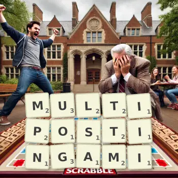 Kreatywna ilustracja do gry w Scrabble ze słowem MULTIPOSTINGAMI ułożonym z płytek na planszy.