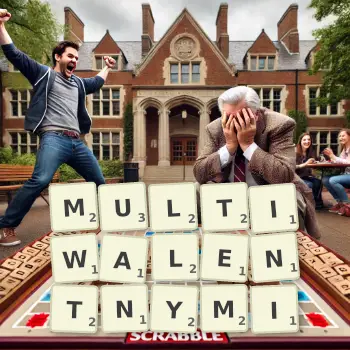 Kreatywna ilustracja do gry w Scrabble ze słowem MULTIWALENTNYMI ułożonym z płytek na planszy.