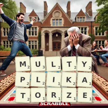 Kreatywna ilustracja do gry w Scrabble ze słowem MULTYPLIKATORZE ułożonym z płytek na planszy.