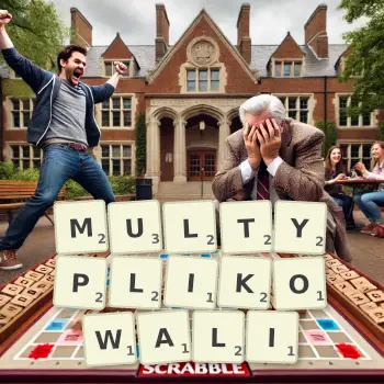 Kreatywna ilustracja do gry w Scrabble ze słowem MULTYPLIKOWALI ułożonym z płytek na planszy.