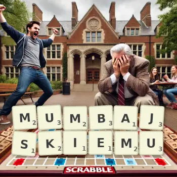 Kreatywna ilustracja do gry w Scrabble ze słowem MUMBAJSKIEMU ułożonym z płytek na planszy.