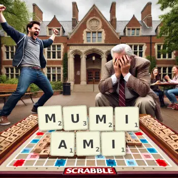 Kreatywna ilustracja do gry w Scrabble ze słowem MUMIAMI ułożonym z płytek na planszy.