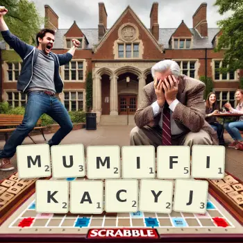 Kreatywna ilustracja do gry w Scrabble ze słowem MUMIFIKACYJ ułożonym z płytek na planszy.