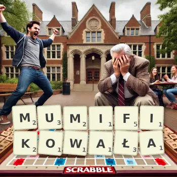 Kreatywna ilustracja do gry w Scrabble ze słowem MUMIFIKOWAŁA ułożonym z płytek na planszy.