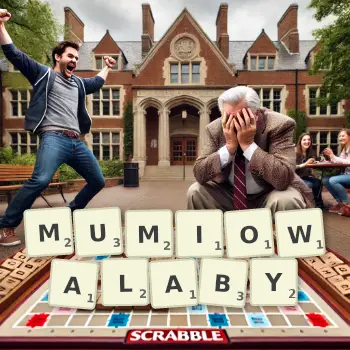 Kreatywna ilustracja do gry w Scrabble ze słowem MUMIOWALABY ułożonym z płytek na planszy.