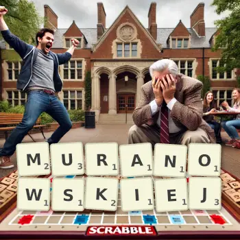 Kreatywna ilustracja do gry w Scrabble ze słowem MURANOWSKIEJ ułożonym z płytek na planszy.