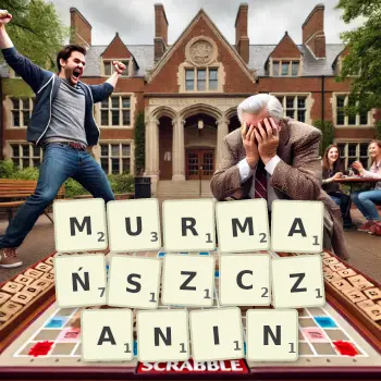 Kreatywna ilustracja do gry w Scrabble ze słowem MURMAŃSZCZANIN ułożonym z płytek na planszy.