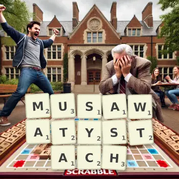 Kreatywna ilustracja do gry w Scrabble ze słowem MUSAWATYSTACH ułożonym z płytek na planszy.