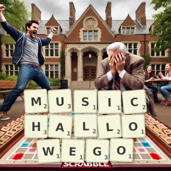 Kreatywna ilustracja do gry w Scrabble ze słowem MUSICHALLOWEGO ułożonym z płytek na planszy.