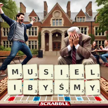 Kreatywna ilustracja do gry w Scrabble ze słowem MUSIELIBYŚMY ułożonym z płytek na planszy.