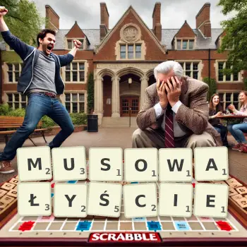 Kreatywna ilustracja do gry w Scrabble ze słowem MUSOWAŁYŚCIE ułożonym z płytek na planszy.