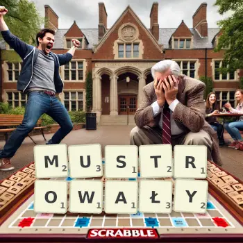 Kreatywna ilustracja do gry w Scrabble ze słowem MUSTROWAŁY ułożonym z płytek na planszy.