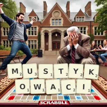 Kreatywna ilustracja do gry w Scrabble ze słowem MUSTYKOWACI ułożonym z płytek na planszy.