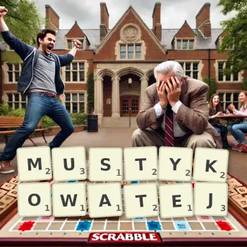 Kreatywna ilustracja do gry w Scrabble ze słowem MUSTYKOWATEJ ułożonym z płytek na planszy.