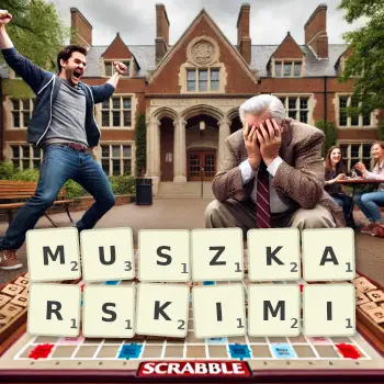 Kreatywna ilustracja do gry w Scrabble ze słowem MUSZKARSKIMI ułożonym z płytek na planszy.