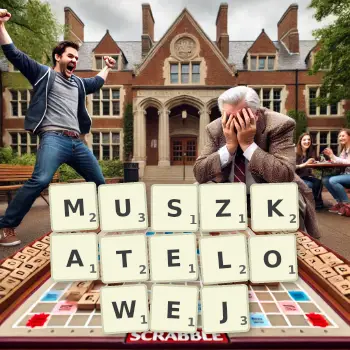 Kreatywna ilustracja do gry w Scrabble ze słowem MUSZKATELOWEJ ułożonym z płytek na planszy.