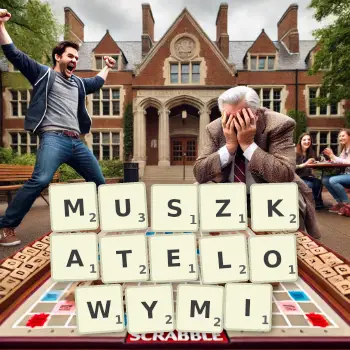 Kreatywna ilustracja do gry w Scrabble ze słowem MUSZKATELOWYMI ułożonym z płytek na planszy.