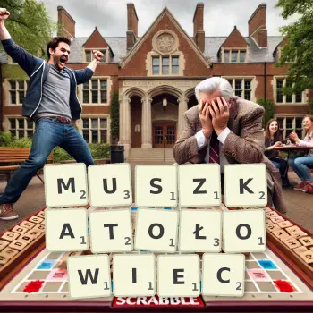 Kreatywna ilustracja do gry w Scrabble ze słowem MUSZKATOŁOWIEC ułożonym z płytek na planszy.