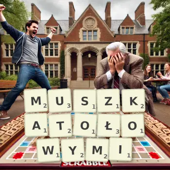 Kreatywna ilustracja do gry w Scrabble ze słowem MUSZKATOŁOWYMI ułożonym z płytek na planszy.