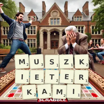 Kreatywna ilustracja do gry w Scrabble ze słowem MUSZKIETERKAMI ułożonym z płytek na planszy.