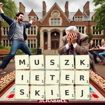 Kreatywna ilustracja do gry w Scrabble ze słowem MUSZKIETERSKIEJ ułożonym z płytek na planszy.