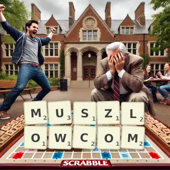 Kreatywna ilustracja do gry w Scrabble ze słowem MUSZLOWCOM ułożonym z płytek na planszy.