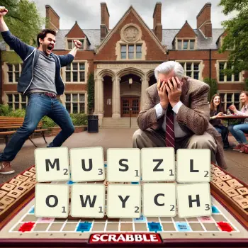 Kreatywna ilustracja do gry w Scrabble ze słowem MUSZLOWYCH ułożonym z płytek na planszy.