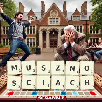 Kreatywna ilustracja do gry w Scrabble ze słowem MUSZNOSCIACH ułożonym z płytek na planszy.