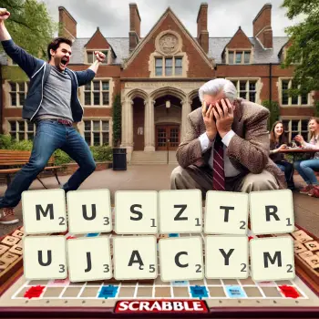 Kreatywna ilustracja do gry w Scrabble ze słowem MUSZTRUJĄCYM ułożonym z płytek na planszy.