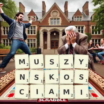 Kreatywna ilustracja do gry w Scrabble ze słowem MUSZYNSKOSCIAMI ułożonym z płytek na planszy.