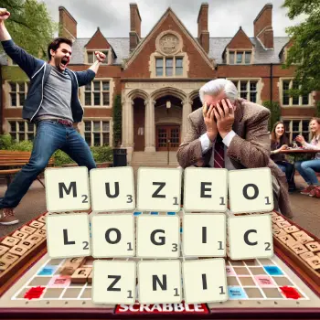 Kreatywna ilustracja do gry w Scrabble ze słowem MUZEOLOGICZNI ułożonym z płytek na planszy.