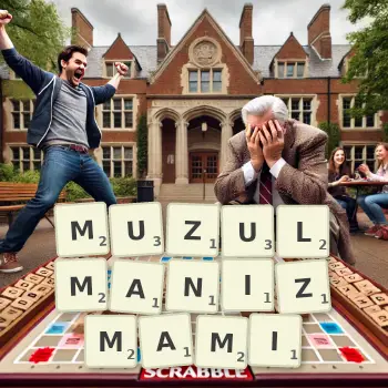 Kreatywna ilustracja do gry w Scrabble ze słowem MUZULMANIZMAMI ułożonym z płytek na planszy.