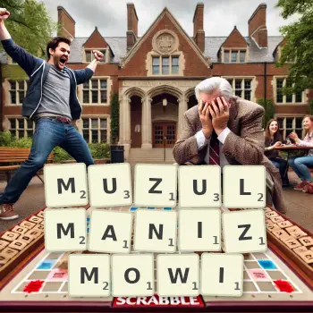 Kreatywna ilustracja do gry w Scrabble ze słowem MUZULMANIZMOWI ułożonym z płytek na planszy.