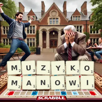 Kreatywna ilustracja do gry w Scrabble ze słowem MUZYKOMANOWI ułożonym z płytek na planszy.