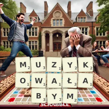 Kreatywna ilustracja do gry w Scrabble ze słowem MUZYKOWAŁABYM ułożonym z płytek na planszy.