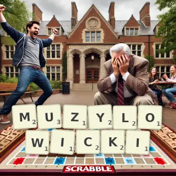 Kreatywna ilustracja do gry w Scrabble ze słowem MUZYLOWICKI ułożonym z płytek na planszy.