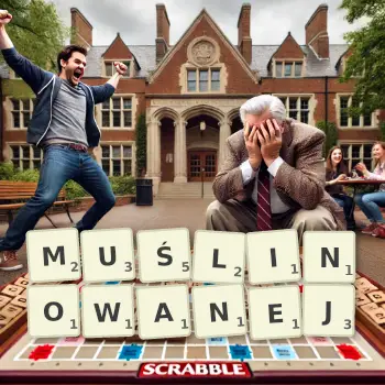 Kreatywna ilustracja do gry w Scrabble ze słowem MUŚLINOWANEJ ułożonym z płytek na planszy.