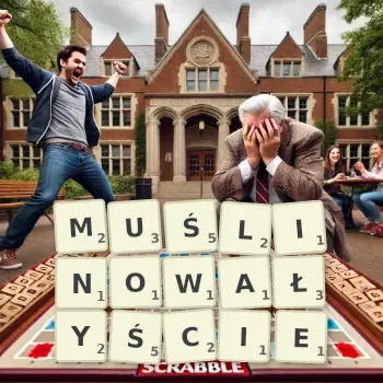 Kreatywna ilustracja do gry w Scrabble ze słowem MUŚLINOWAŁYŚCIE ułożonym z płytek na planszy.