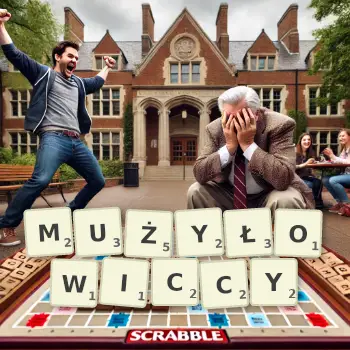 Kreatywna ilustracja do gry w Scrabble ze słowem MUŻYŁOWICCY ułożonym z płytek na planszy.