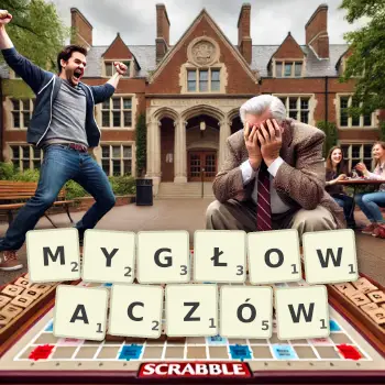 Kreatywna ilustracja do gry w Scrabble ze słowem MYGŁOWACZÓW ułożonym z płytek na planszy.