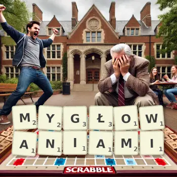 Kreatywna ilustracja do gry w Scrabble ze słowem MYGŁOWANIAMI ułożonym z płytek na planszy.