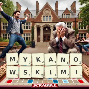 Kreatywna ilustracja do gry w Scrabble ze słowem MYKANOWSKIMI ułożonym z płytek na planszy.