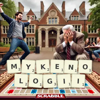 Kreatywna ilustracja do gry w Scrabble ze słowem MYKENOLOGII ułożonym z płytek na planszy.