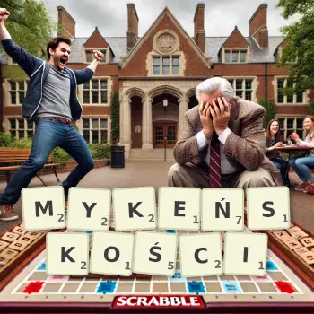 Kreatywna ilustracja do gry w Scrabble ze słowem MYKEŃSKOŚCI ułożonym z płytek na planszy.