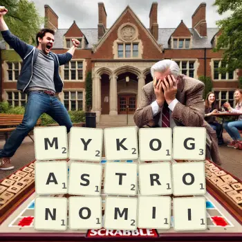 Kreatywna ilustracja do gry w Scrabble ze słowem MYKOGASTRONOMII ułożonym z płytek na planszy.